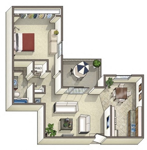 Floor plan for 1 bed, 1 bath, 770 sqft